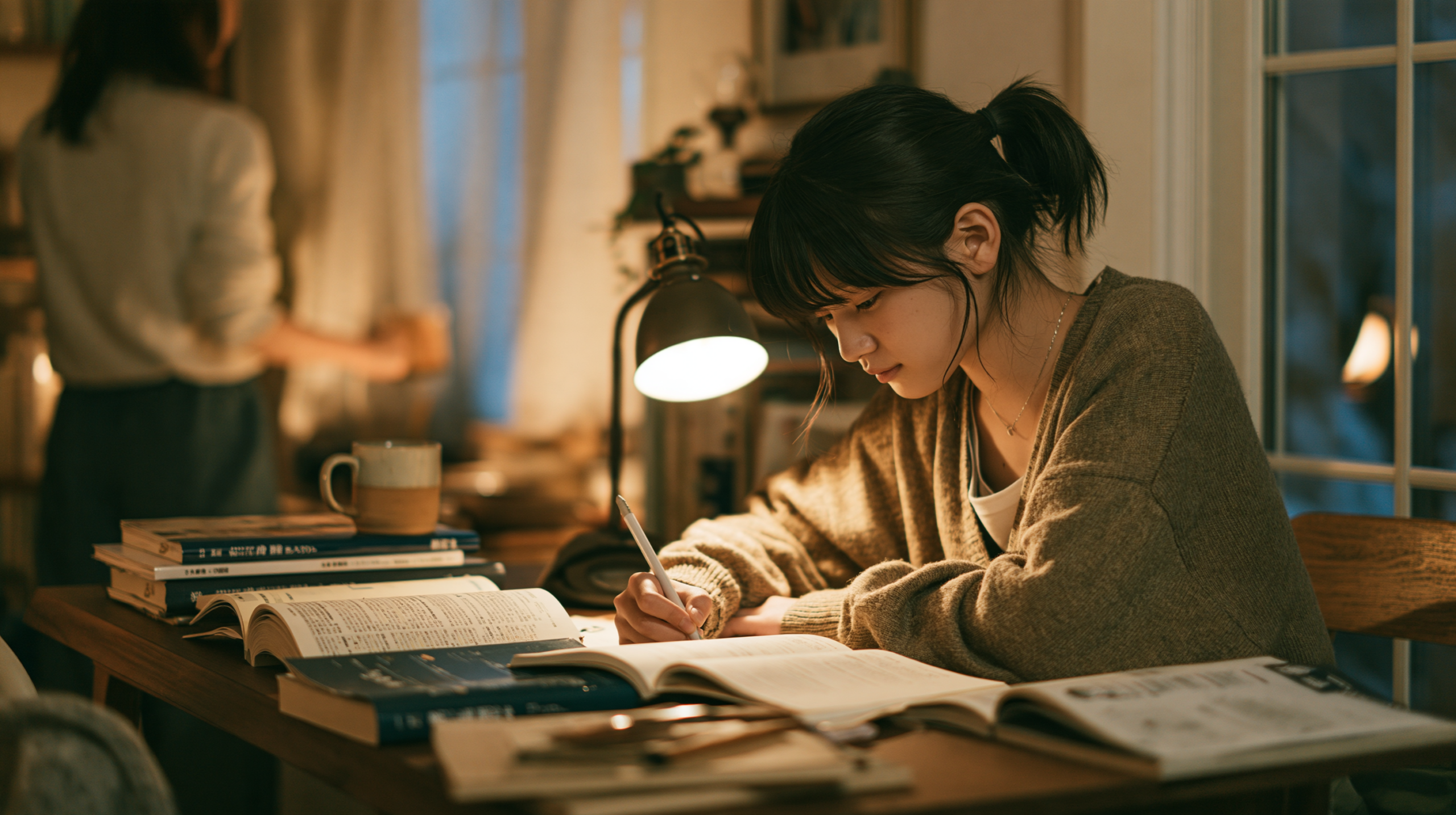 机に向かって受験勉強をする日本の中学生と、そばで温かい飲み物を差し出す母親の写真。受験期の体調管理をイメージしています。